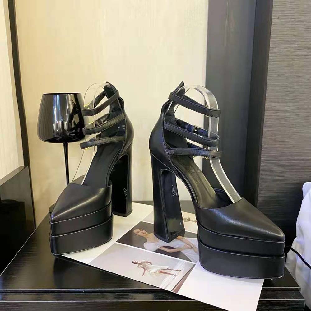 Top angle showing pointed toe and platform on Versace Women Aevitas Pointy Platform Pumps