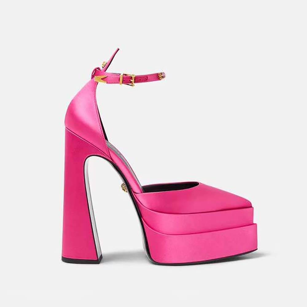Side view of Versace Women Aevitas Pointy Platform Pumps in Pink