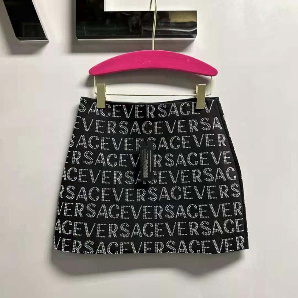 Close-up of crystal details on Versace Women Crystal Versace Allover Mini Skirt