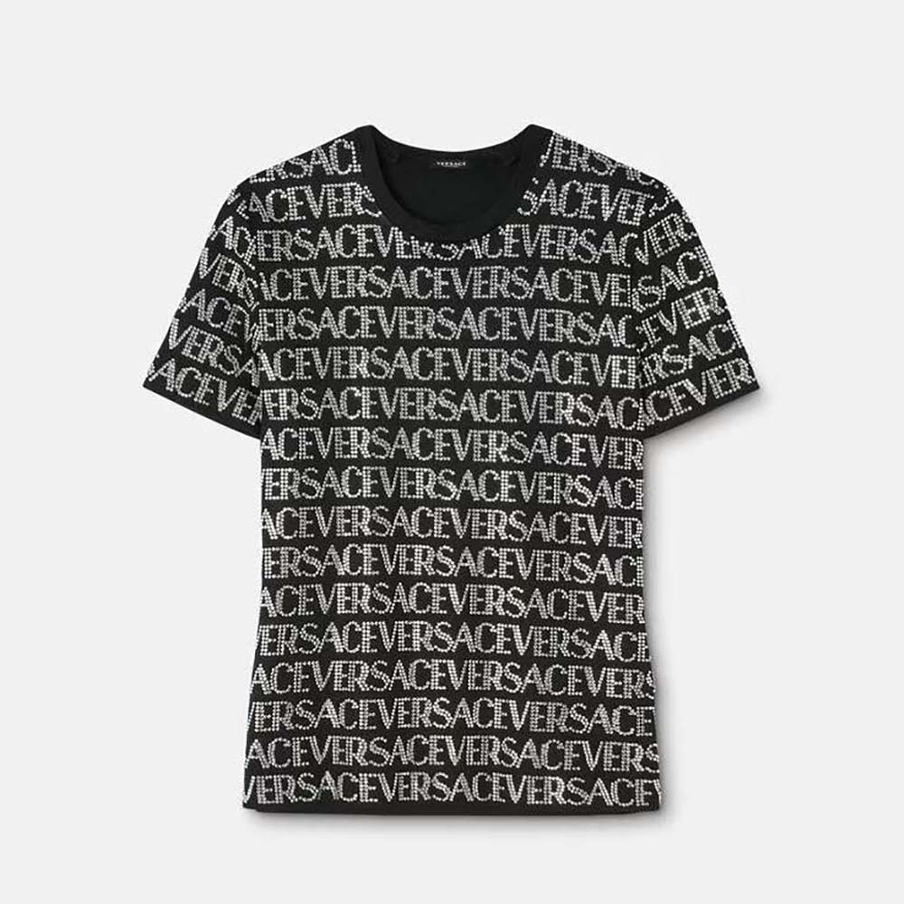 Front view of Versace Women Crystal Versace Allover T-shirt in black