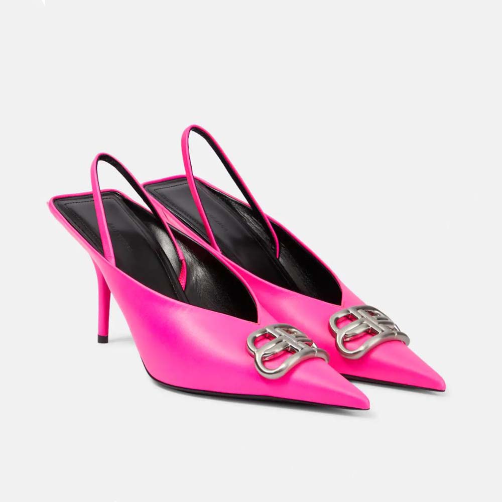 Side profile of Balenciaga Women Square Knife BB Slingback Mules-Pink
