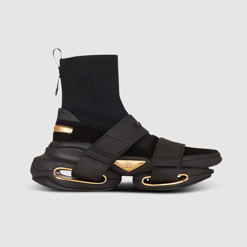 Side profile of Balmain Unisex B-Bold Mesh and Suede High-Top Trainers with Strap-Black