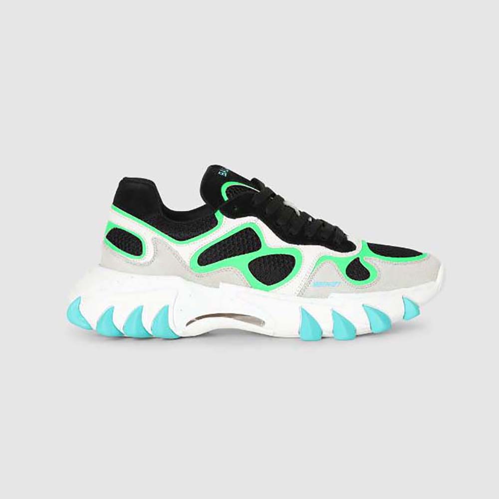 Side profile of Balmain Unisex B-East Trainer in aqua leather suede mesh