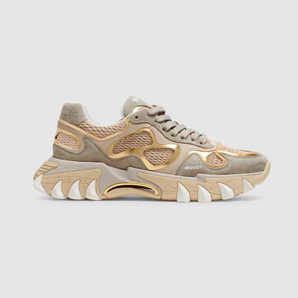 Side view of Balmain Unisex B-East Trainer in beige leather and suede