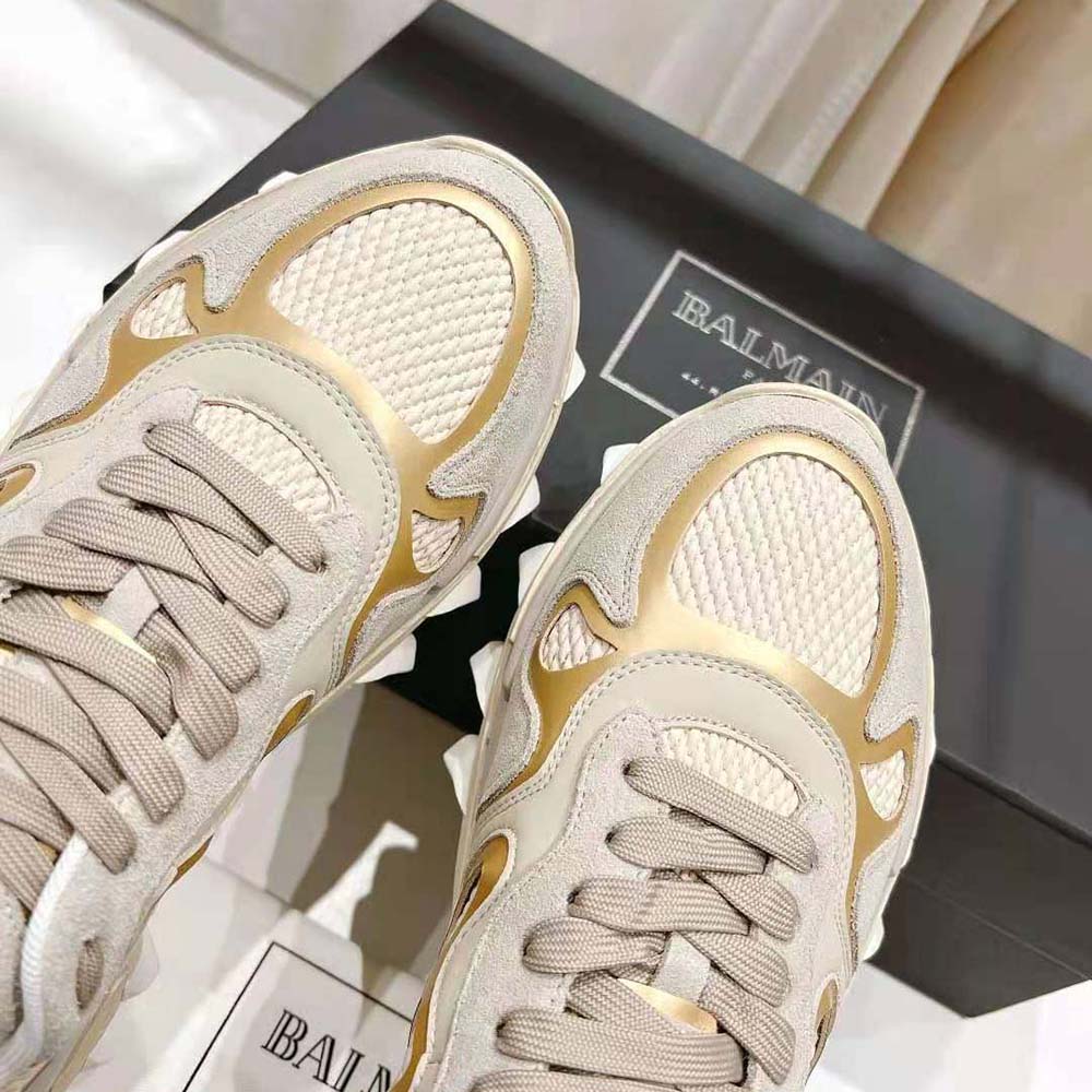Balmain Unisex B-East Trainer in Leather Suede and Mesh-Beige - image 6