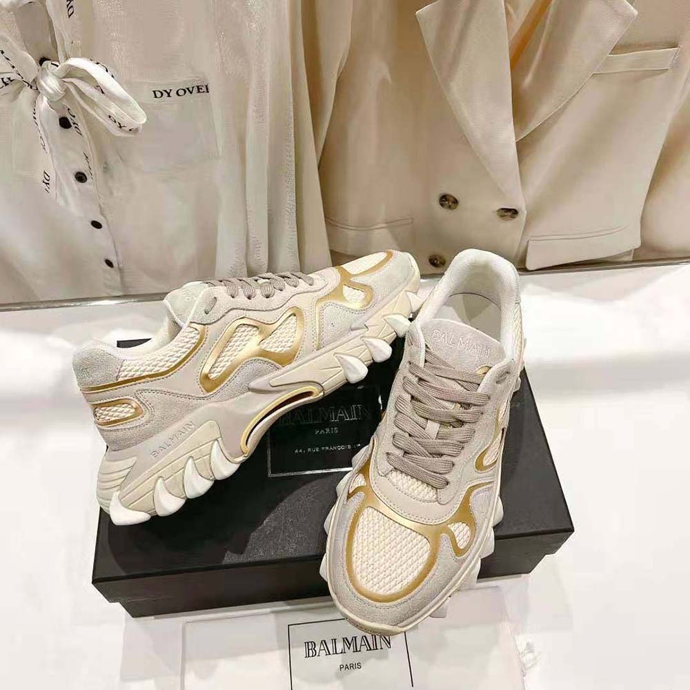 Balmain Unisex B-East Trainer in Leather Suede and Mesh-Beige - image 4