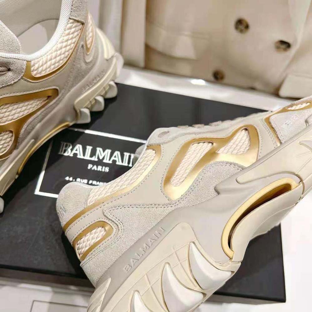 Balmain Unisex B-East Trainer in Leather Suede and Mesh-Beige - image 7