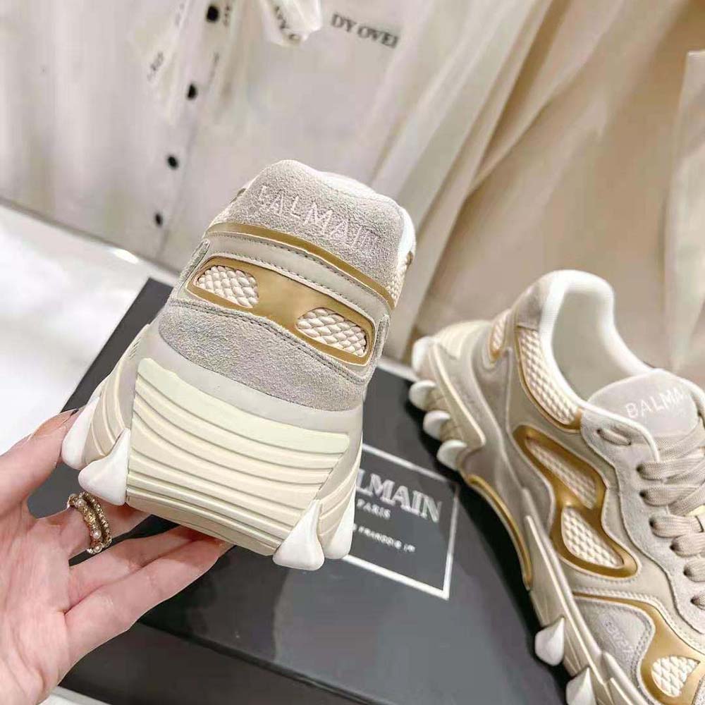 Balmain Unisex B-East Trainer in Leather Suede and Mesh-Beige - image 9