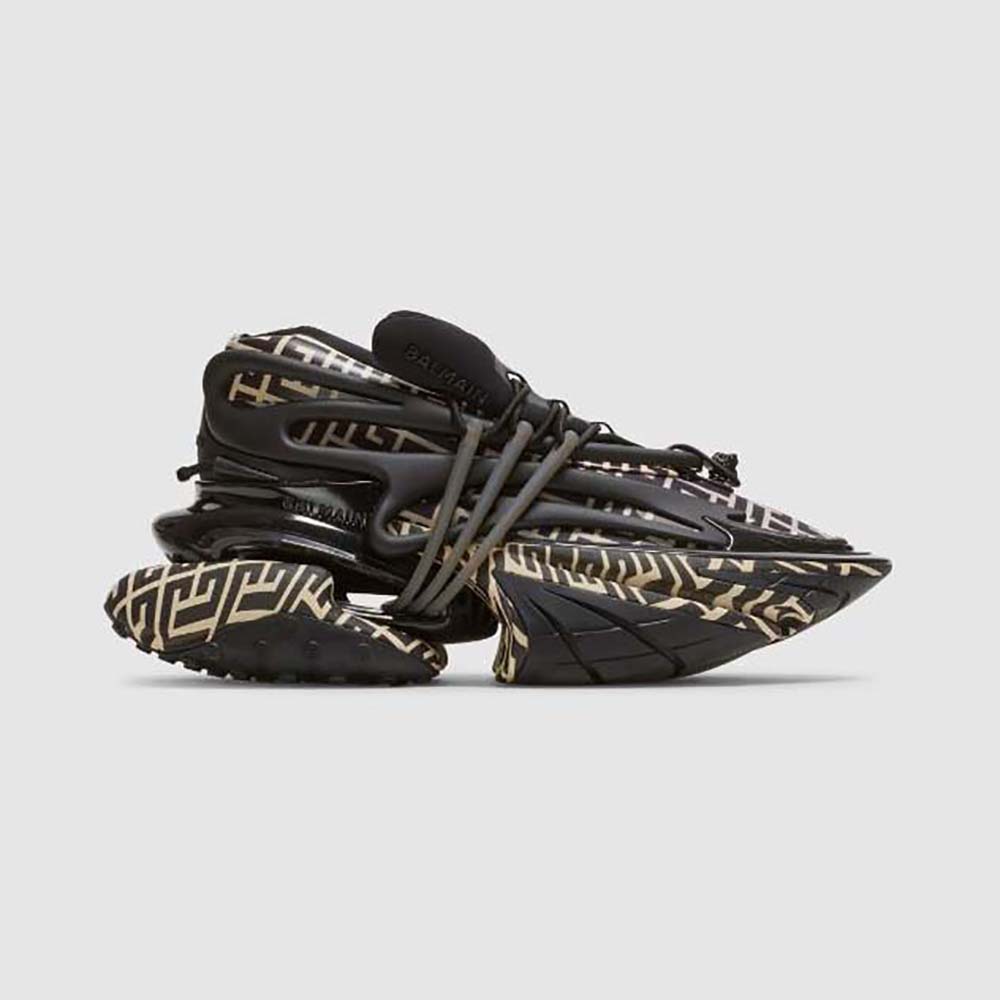 Side profile of Balmain Unisex Neoprene and Calfskin Unicorn Low-Top Sneakers-Black