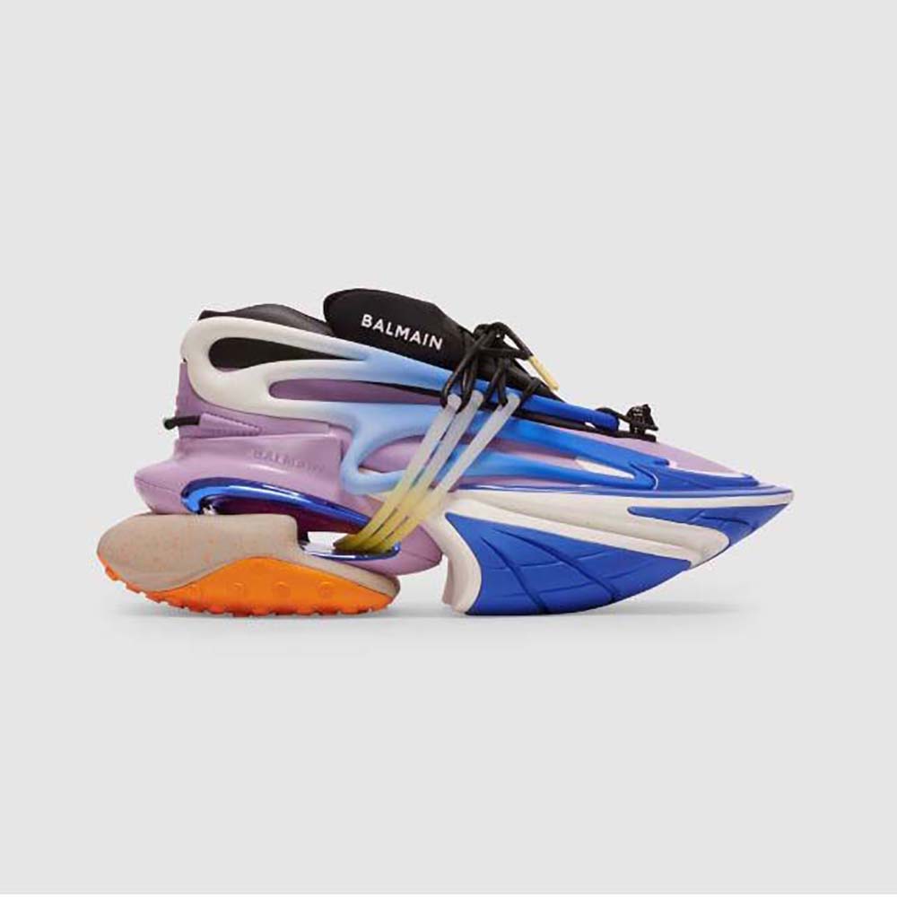 Side profile of Balmain Unisex Unicorn Low-Top Trainers in Neoprene and Calfskin-Blue