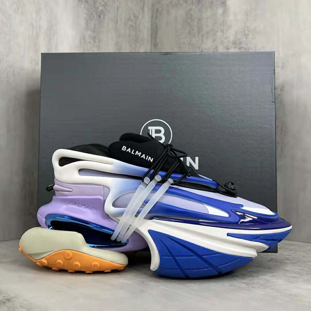 Close-up detail of blue calfskin and neoprene on Balmain Unisex Unicorn Trainers