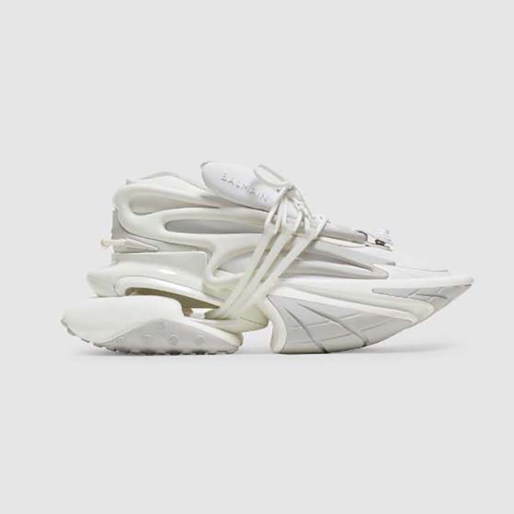 Side angle of Balmain Unisex Unicorn Trainers in Neoprene and Leather-White