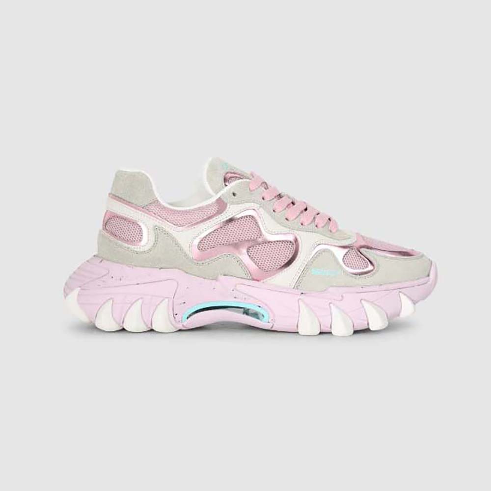 Side view of Balmain Women B-East Trainer in Leather Suede and Mesh-Pink
