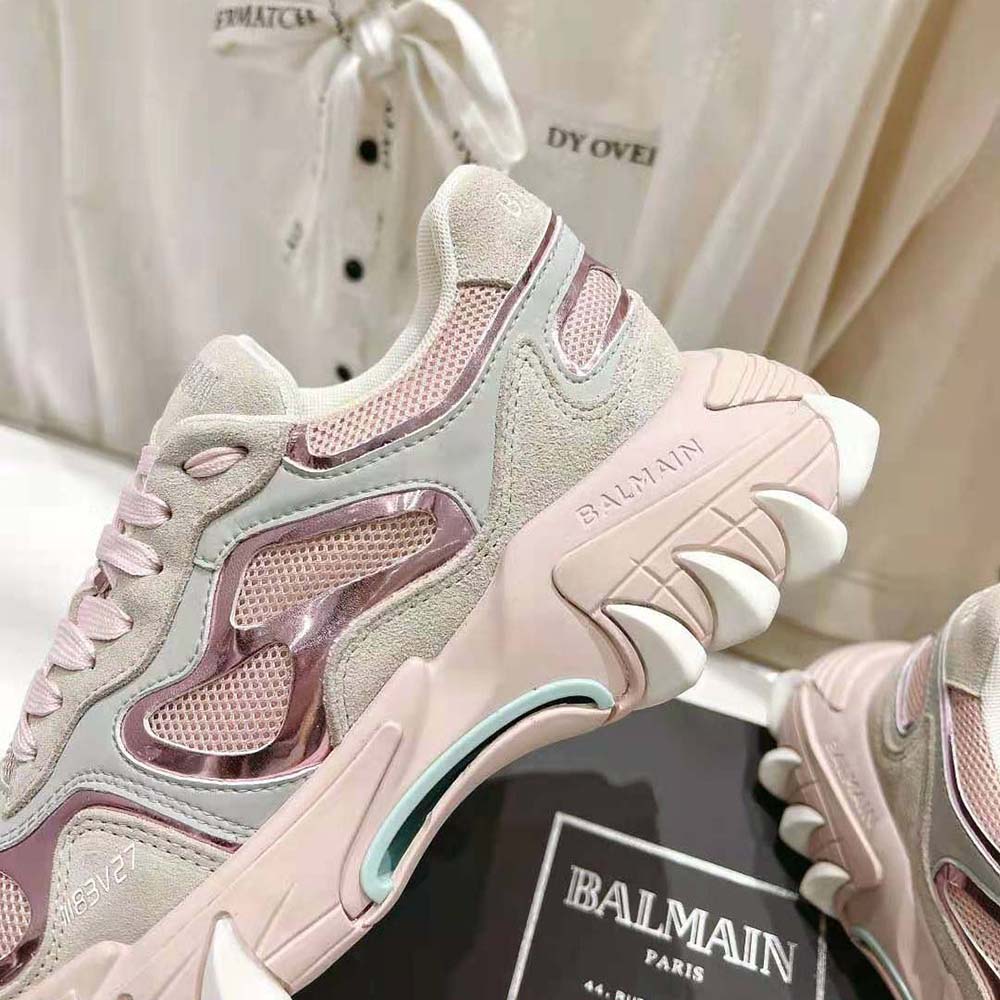 Balmain Women B-East Trainer in Leather Suede and Mesh-Pink - image 9