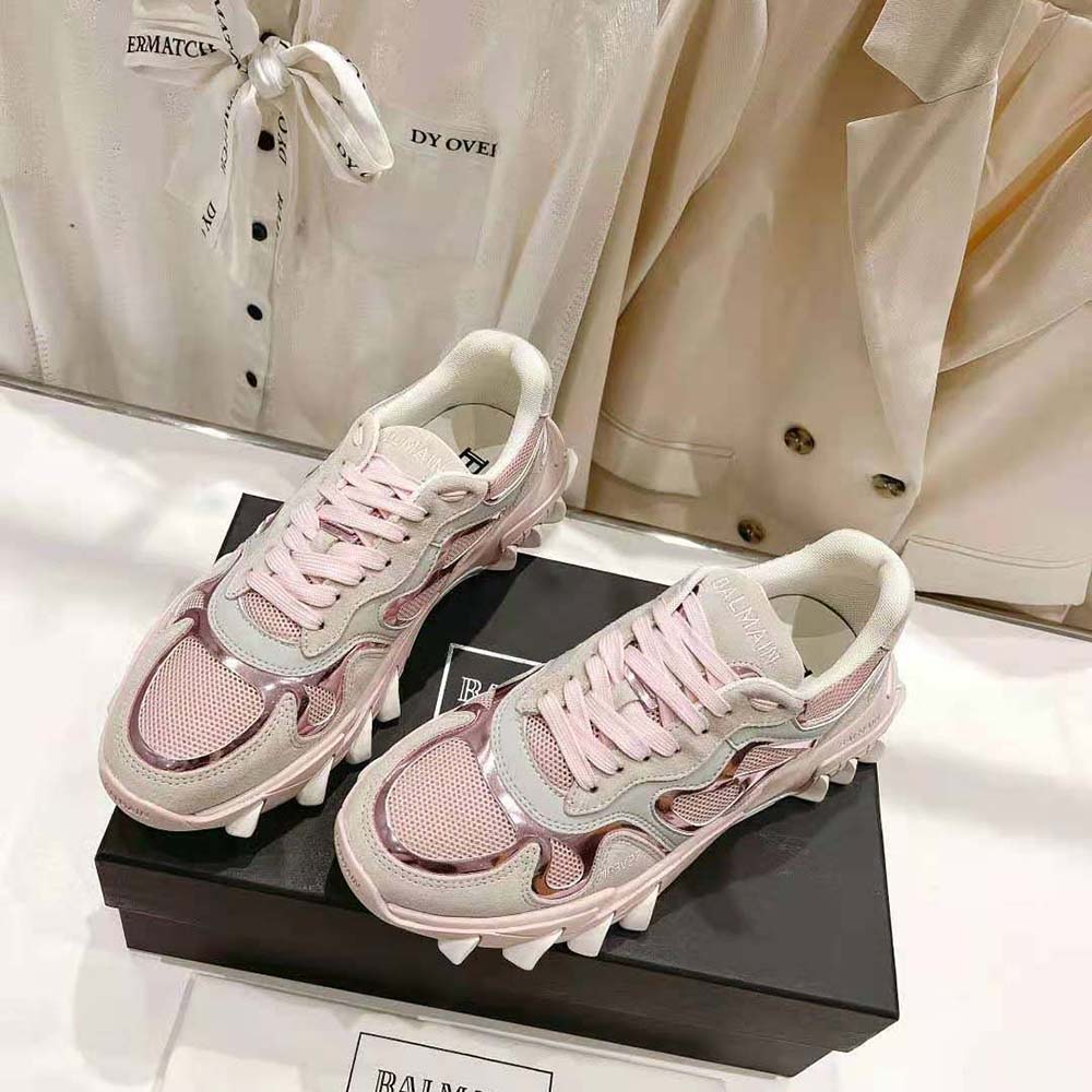 Balmain Women B-East Trainer in Leather Suede and Mesh-Pink - image 4