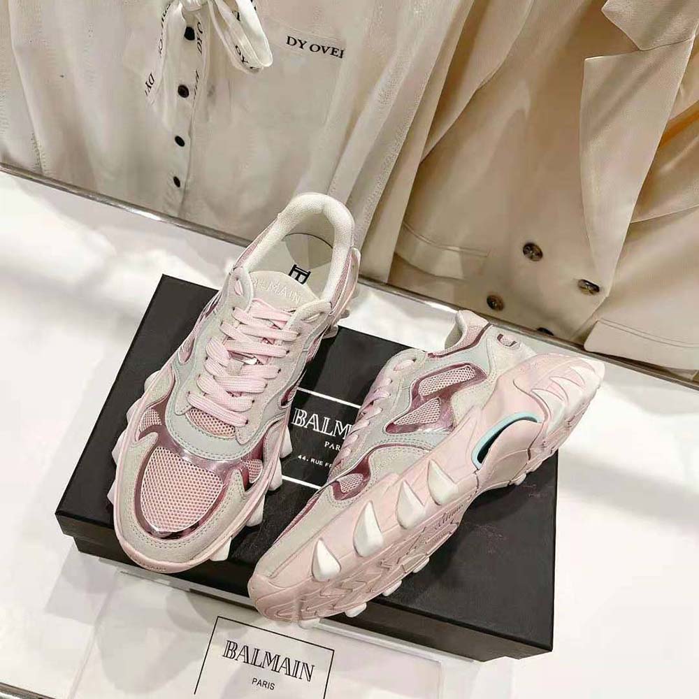 Balmain Women B-East Trainer in Leather Suede and Mesh-Pink - image 5