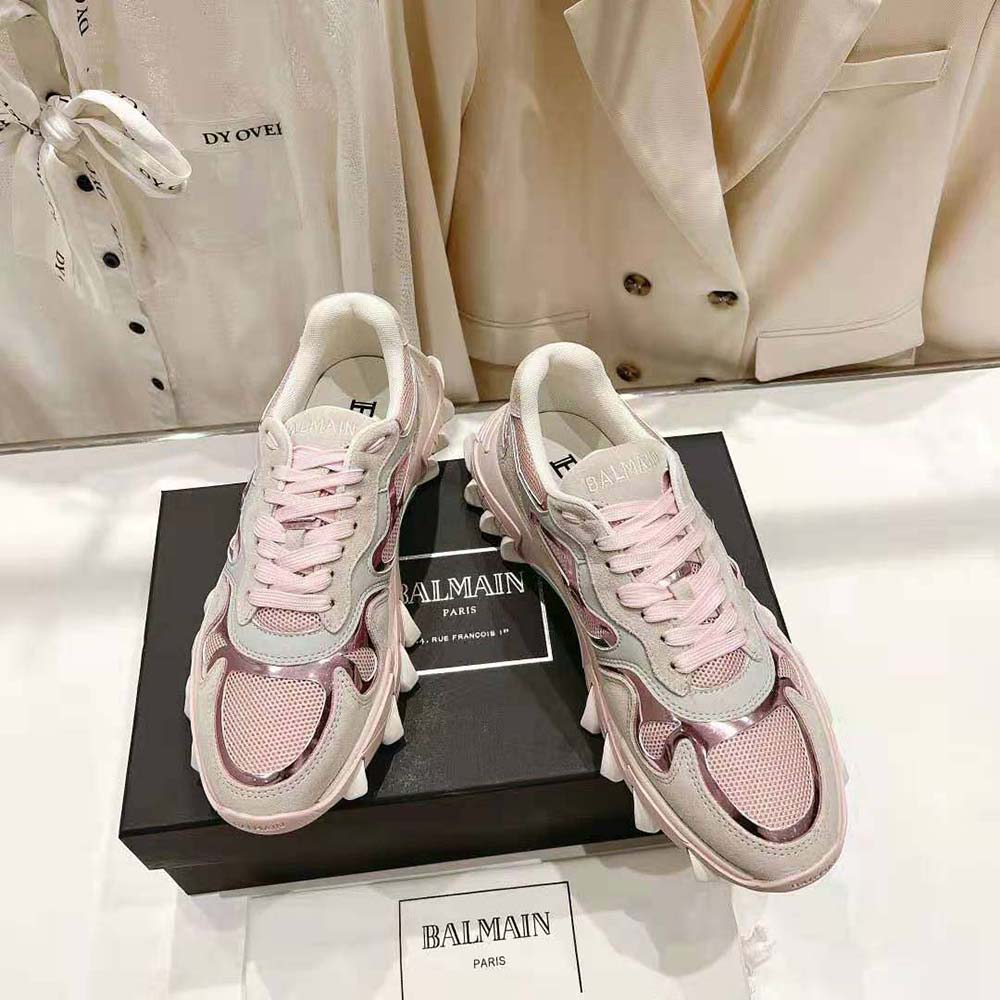 Top-down view showing laces and metallic logo on Balmain Women B-East Trainer