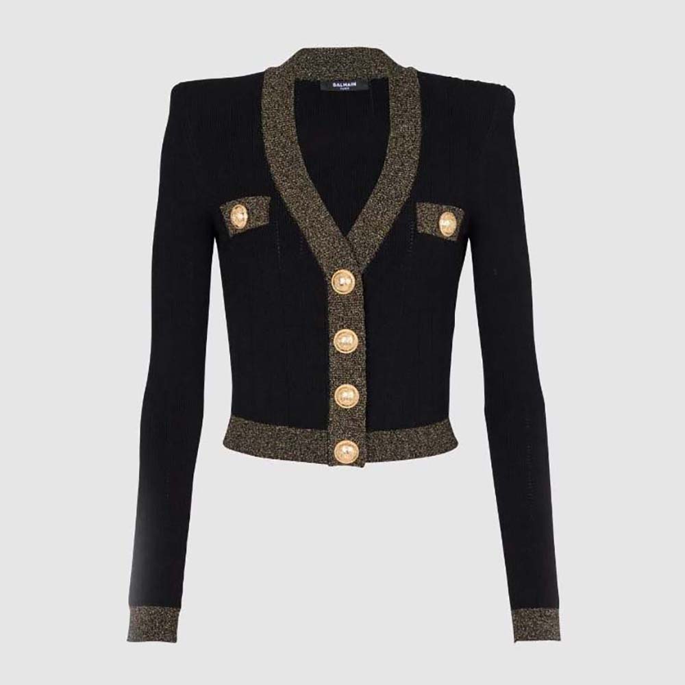 Front view of Balmain Women Cropped Knit Cardigan with Gold Trim in black