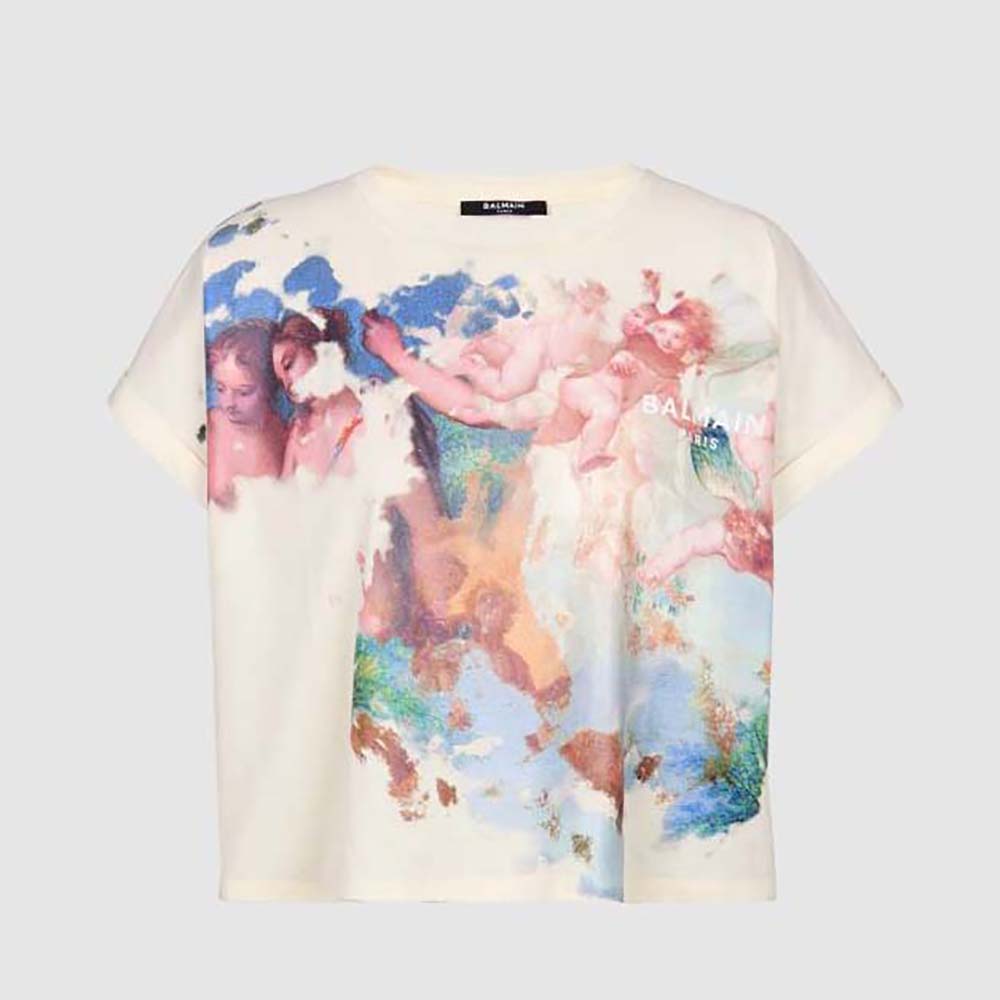 Front view of Balmain Women Cropped Pastel Print T-shirt in white