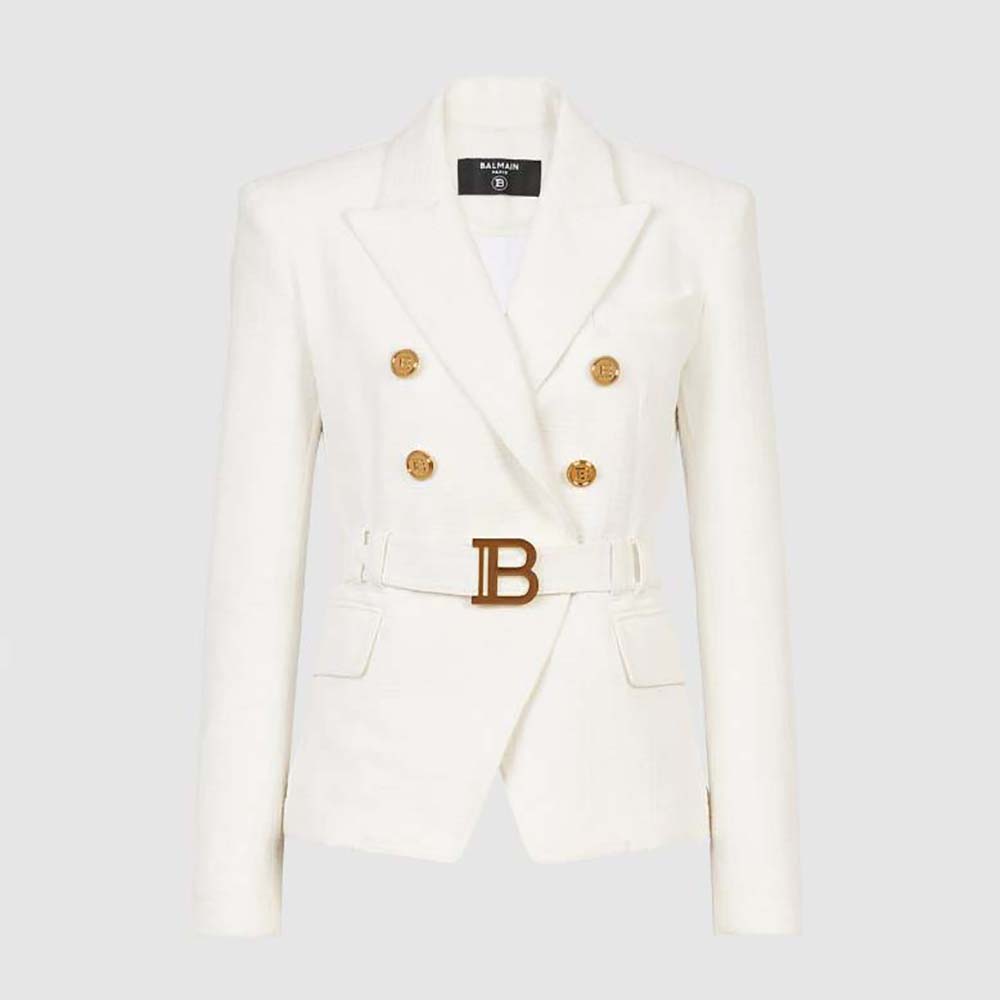 Front view of Balmain Women Double-Breasted Cotton Blazer with Balmain Buckle-White