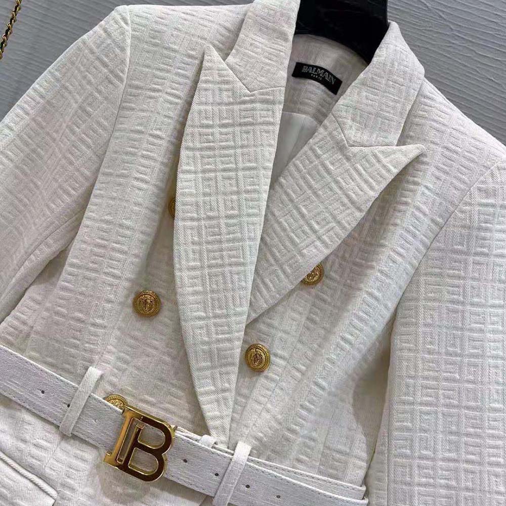 Balmain Women Double-Breasted Cotton Blazer with Balmain Buckle-White - image 4