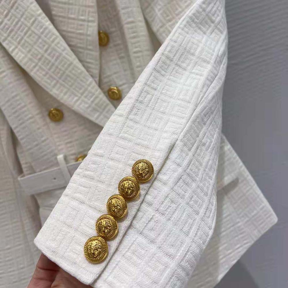 Balmain Women Double-Breasted Cotton Blazer with Balmain Buckle-White - image 6