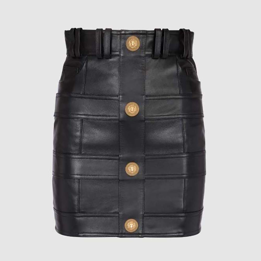 Front view of Balmain Women High-Waisted Leather Skirt in Lambskin-Black
