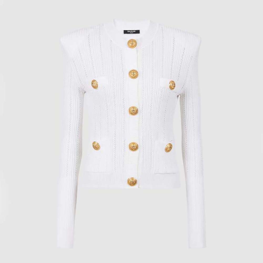 Front view of Balmain Women Knit Cardigan with Gold Buttons-White