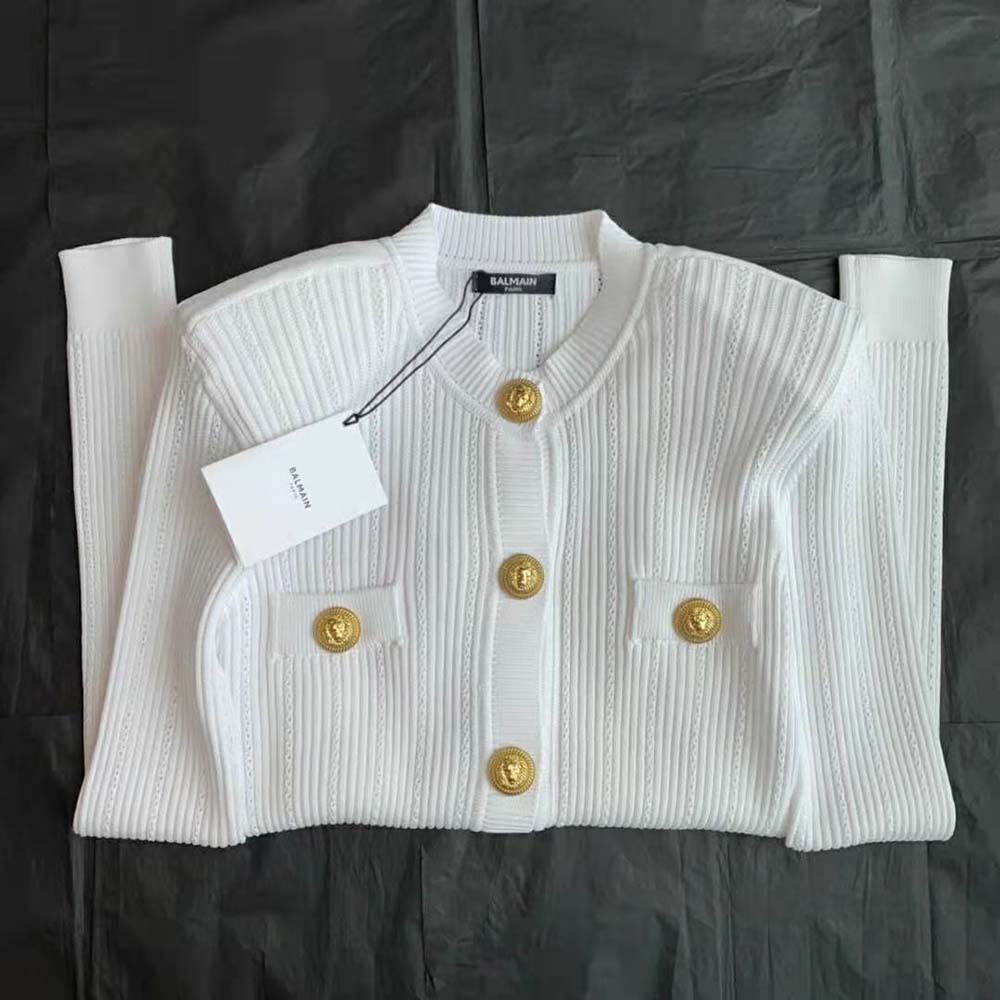 Balmain Women Knit Cardigan with Gold Buttons-White - image 5