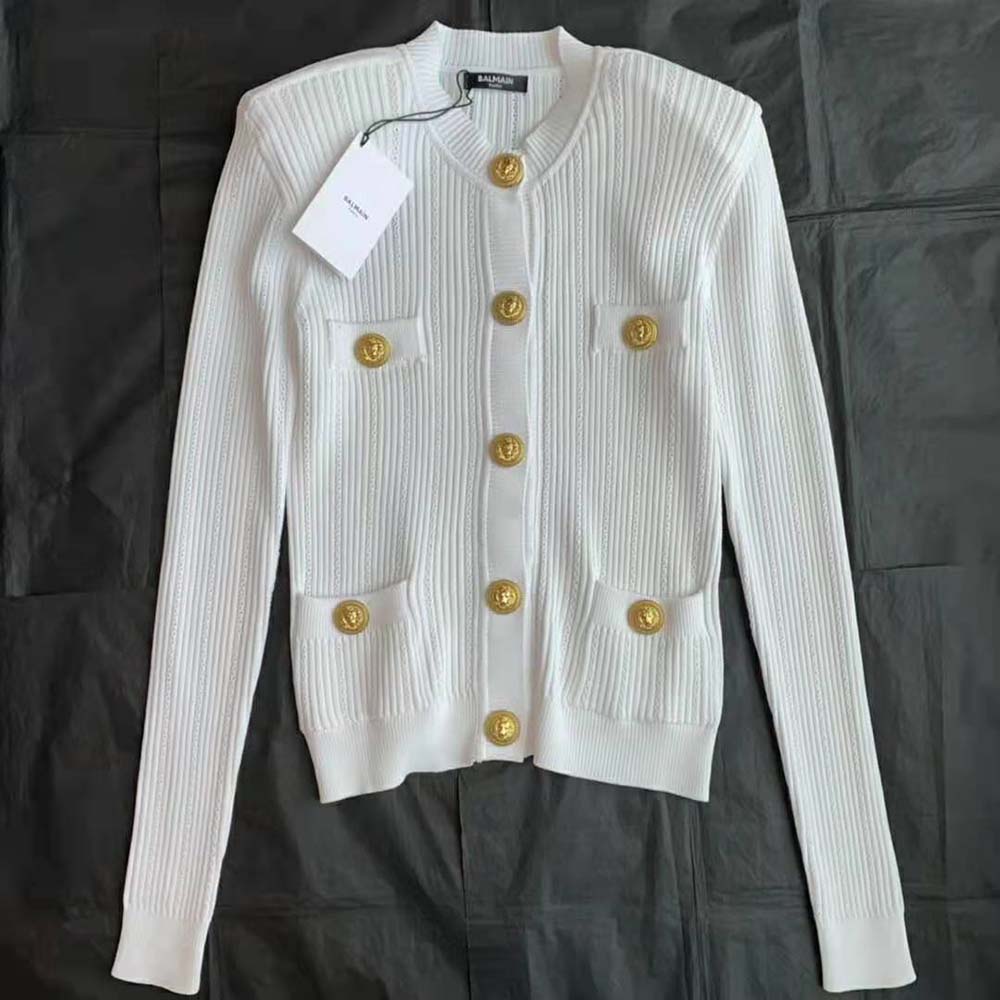 Balmain Women Knit Cardigan with Gold Buttons-White - image 4