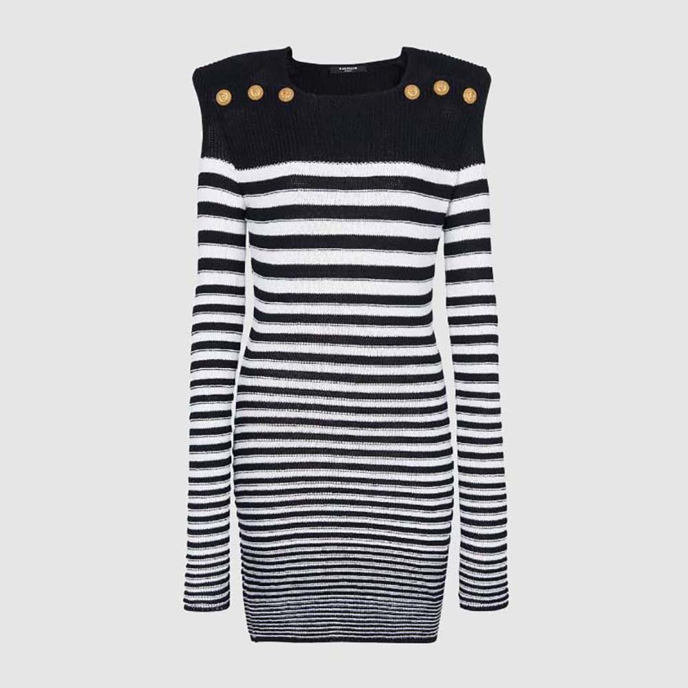 Front view of Balmain Women Sailor-Striped Cotton-Blend Knit Dress in blue