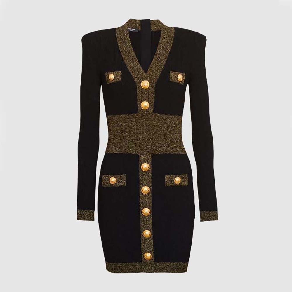 Front view of Balmain Women Scooped V-neckline Knit Dress in black
