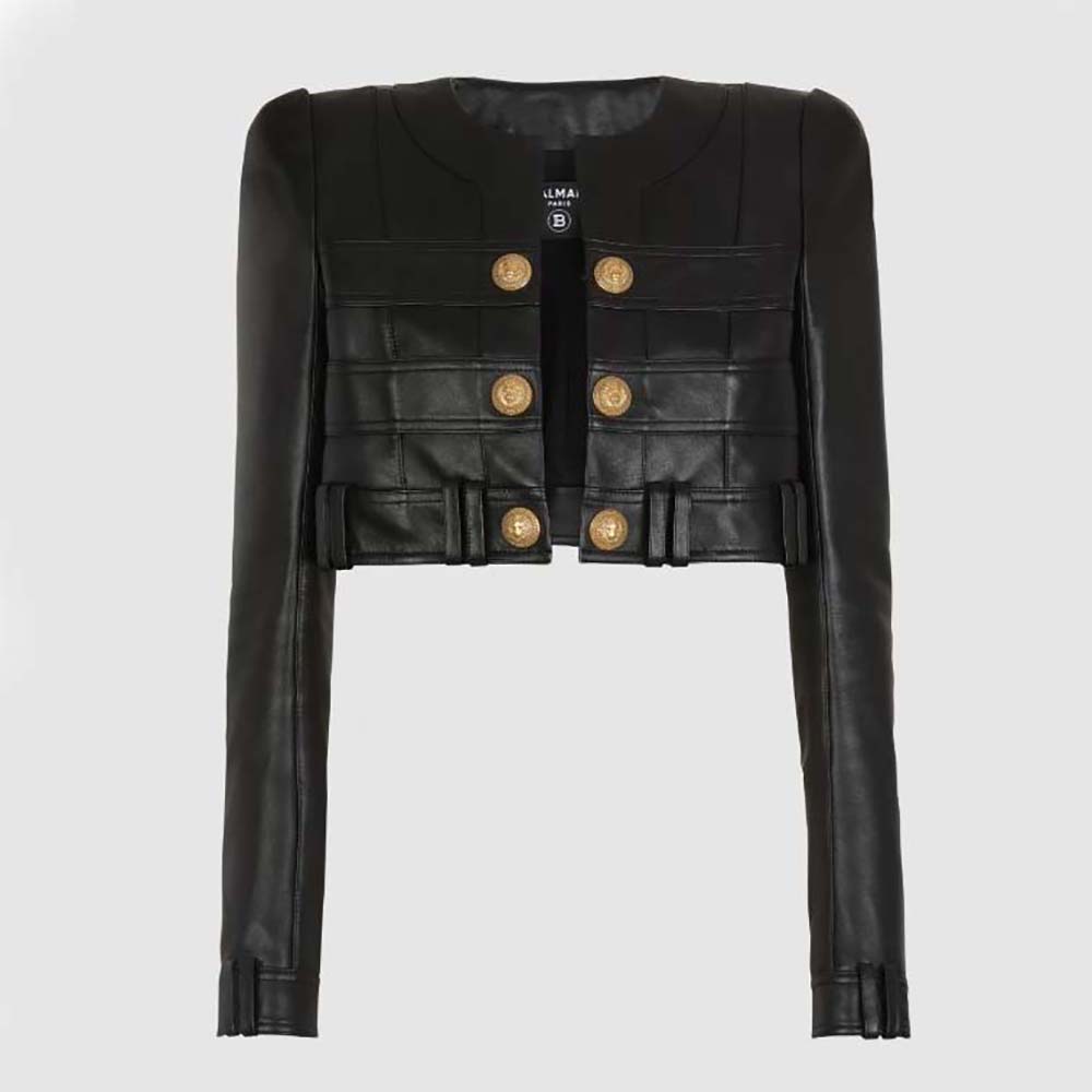 Front view of Balmain Women Short Soft Leather Jacket in Lambskin-Black