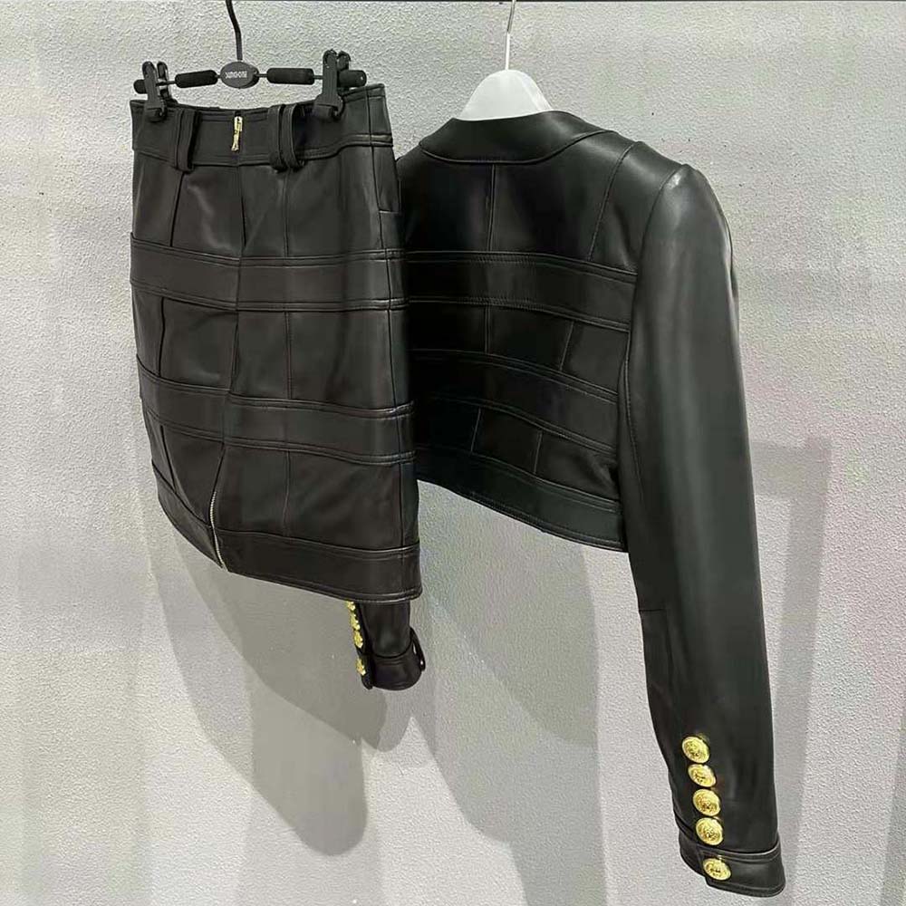 Side angle showing cropped silhouette of Balmain Women Short Soft Leather Jacket