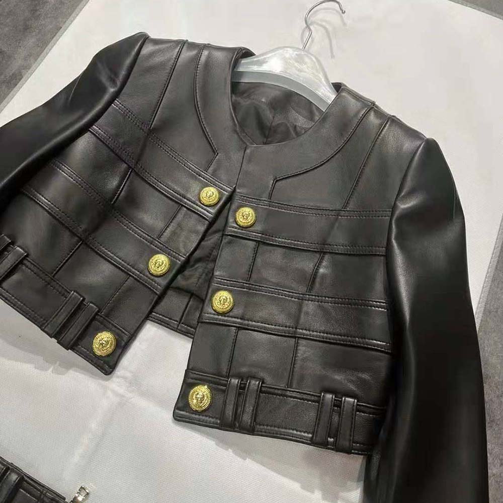 Balmain Women Short Soft Leather Jacket in Lambskin-Black - image 6
