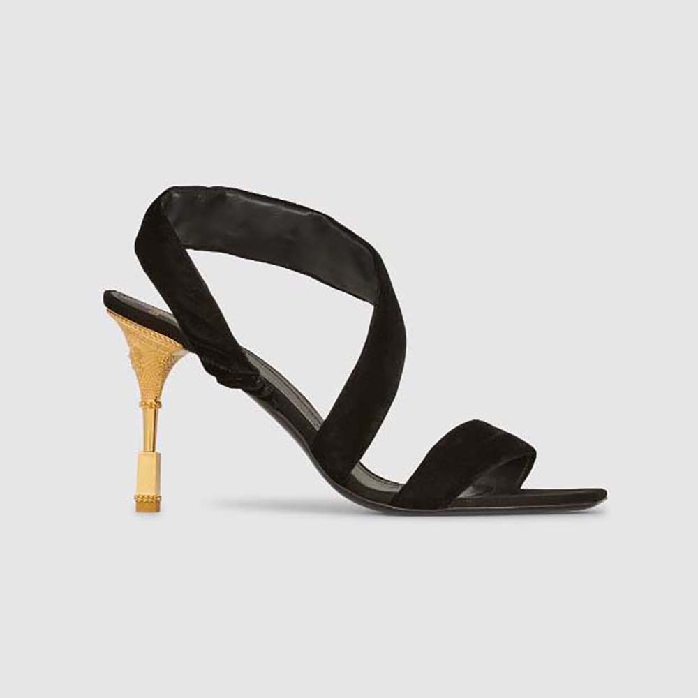 Side profile of Balmain Women Suede Moneta Sandals in black suede