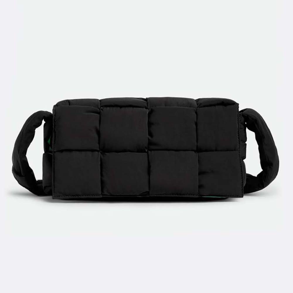 Front view of Bottega Veneta Men Padded Tech Cassette Medium Padded Intreccio Nylon Crossbody Bag-Black