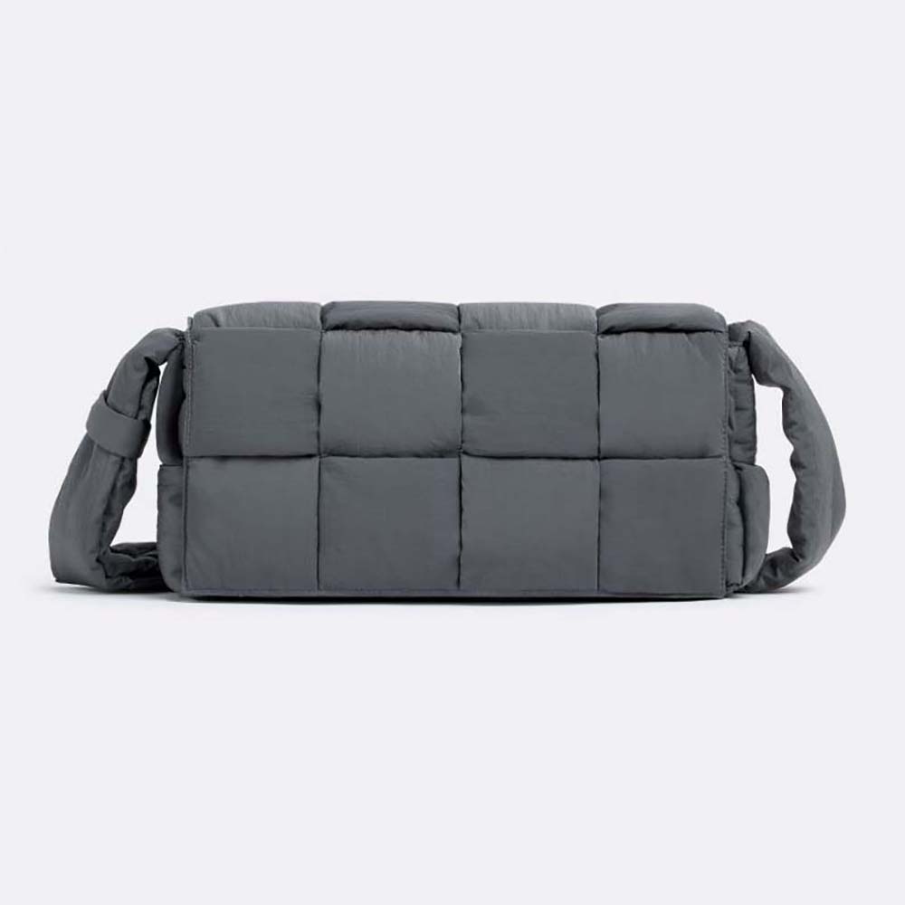 Front view of Bottega Veneta Men Padded Tech Cassette Nylon Crossbody Bag-Gray
