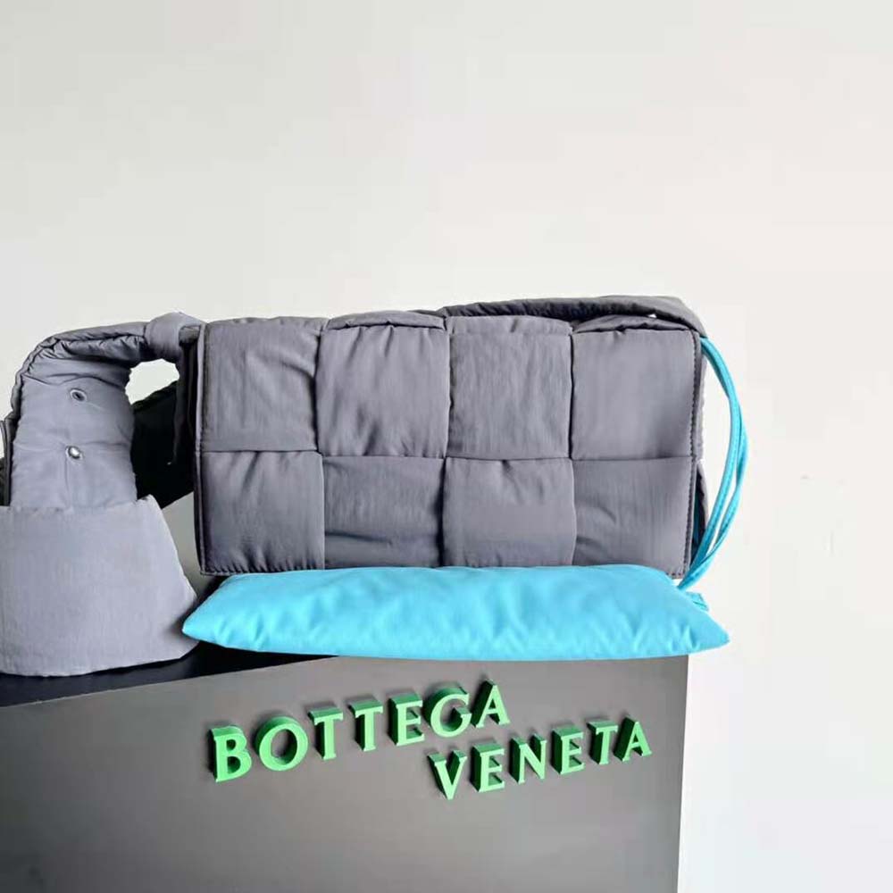 Close-up of intrecciato woven detail on Bottega Veneta crossbody bag