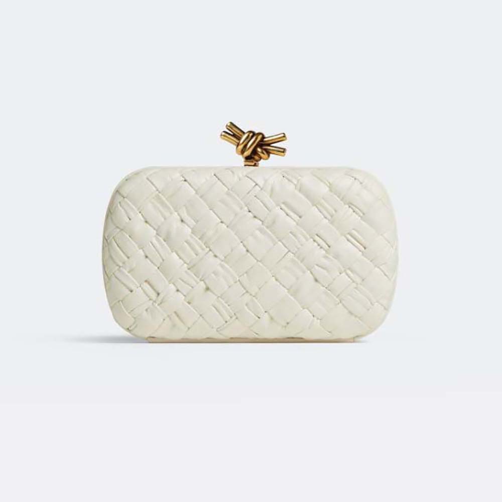 Front view of Bottega Veneta Women Knot Foulard Intreccio Leather Minaudiere-White