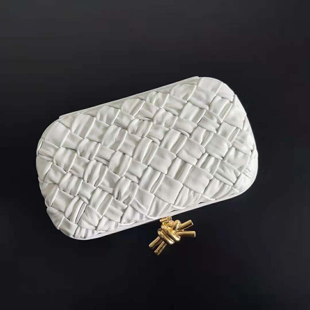 Side angle showing intrecciato leather texture on Bottega Veneta Minaudiere