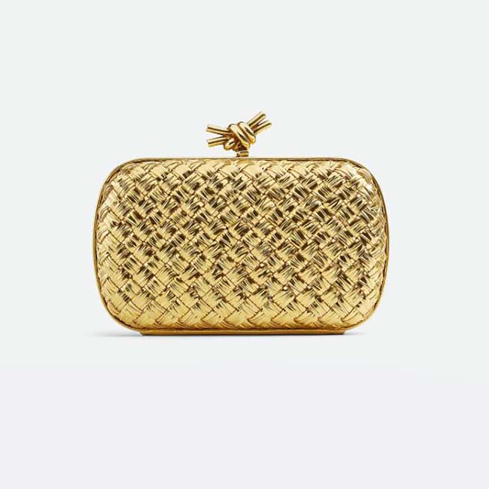 Front view of Bottega Veneta Women Knot Pressed Intreccio Laminated Leather Minaudiere-Gold