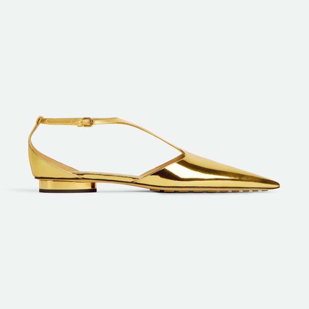 Side profile of Bottega Veneta Women Rocket T-Bar Ballerina Flat Laminated Leather Gold
