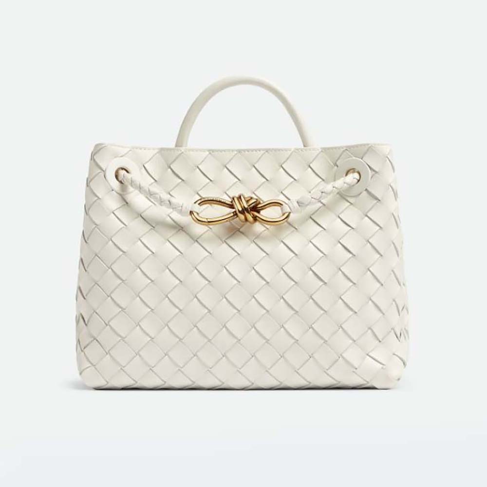 Front view of Bottega Veneta Women Small Andiamo Intrecciato Leather Top Handle Bag-White