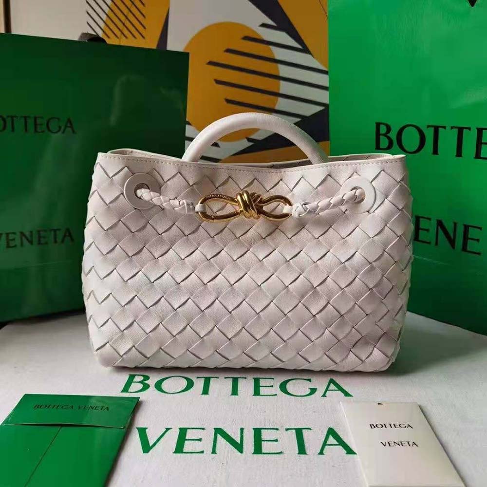 Close-up of white intrecciato leather detail on Bottega Veneta Small Andiamo bag