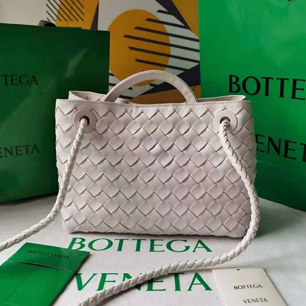 Side angle showing silver hardware on Bottega Veneta Women Small Andiamo bag