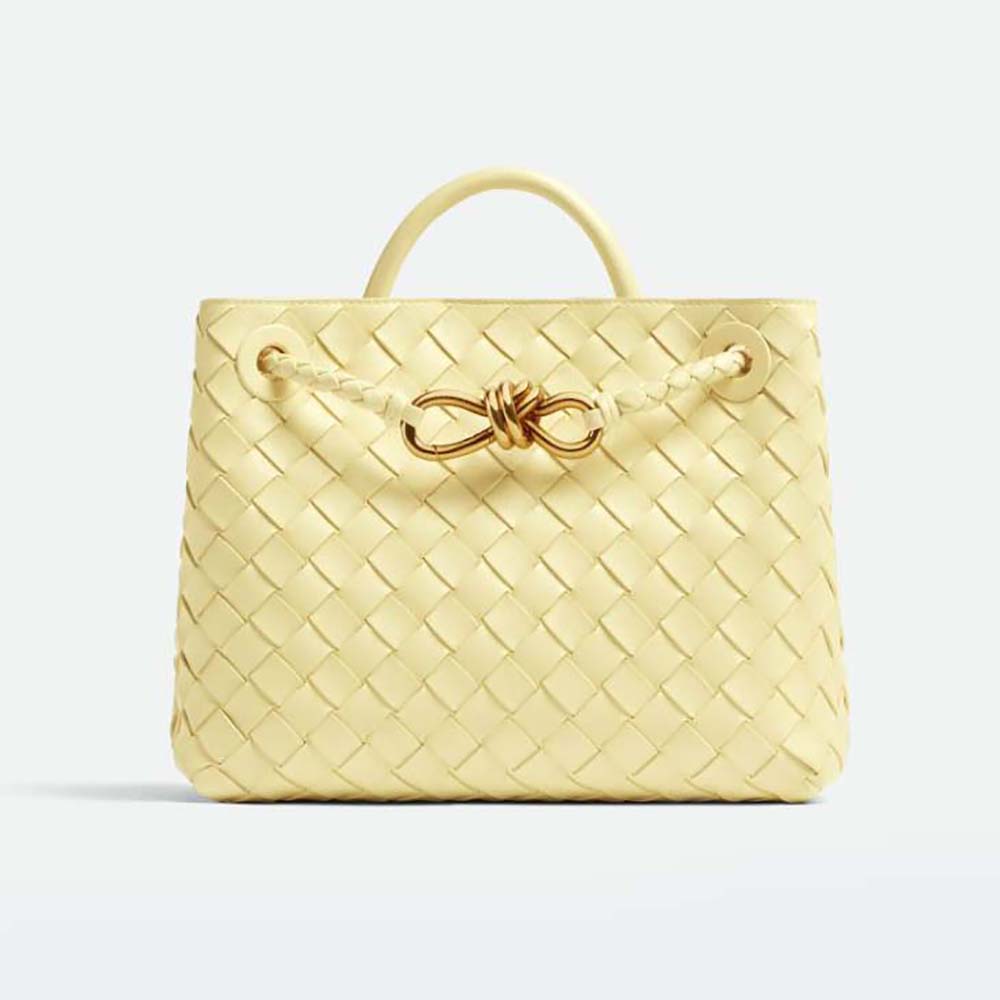 Front view of Bottega Veneta Women Small Andiamo Intrecciato Leather Top Handle Bag-Yellow
