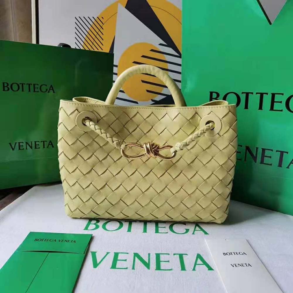 Close-up of intrecciato weave and gold hardware on Bottega Veneta Small Andiamo bag