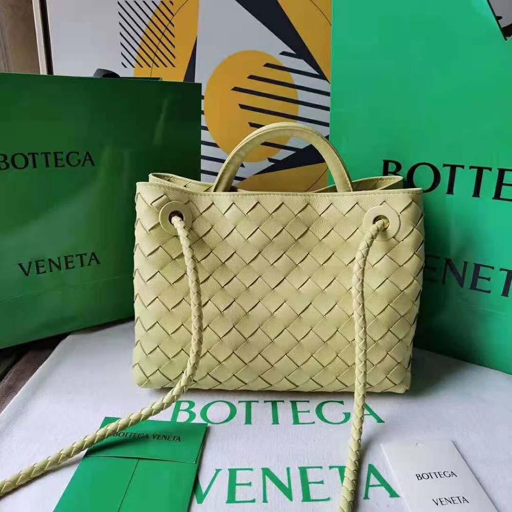 Side angle showing compact silhouette of Bottega Veneta Women Small Andiamo Leather Bag