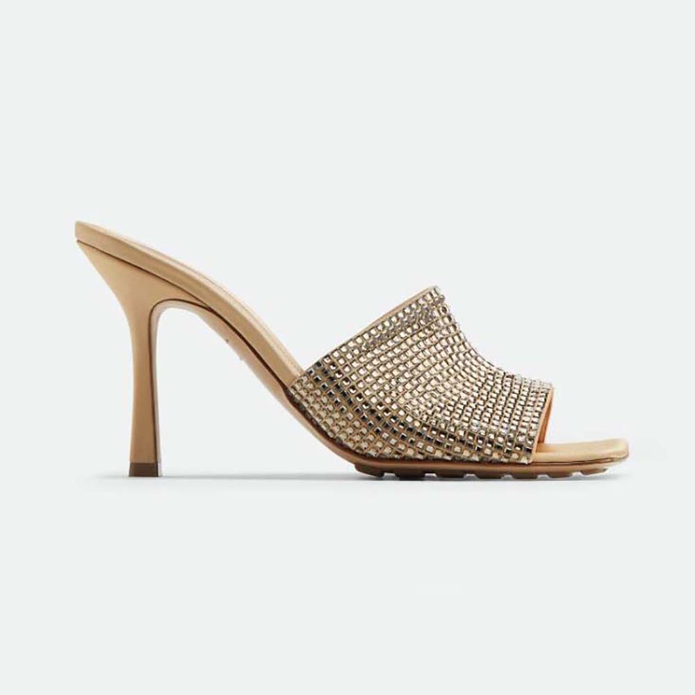 Side view of Bottega Veneta Women Stretch Strass-Embellished Silk Mules-Gold
